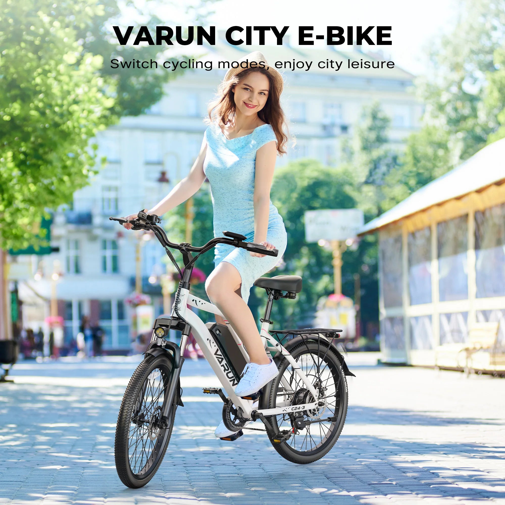 Varun C24-3 Adult City Electric Bike, 24" Tire, 48V 7.8Ah, 750W Peak Power, 20MPH Electric Road Bicycle
