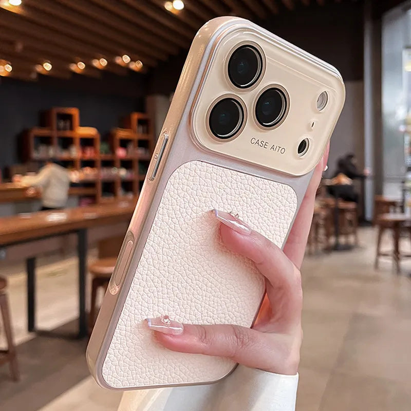 Candy Color Large Window Lichee Pattern Leather Case for iPhone 16 17 Pro Max 14 15 Plus 13 Crystal Camera Film Protector Cover