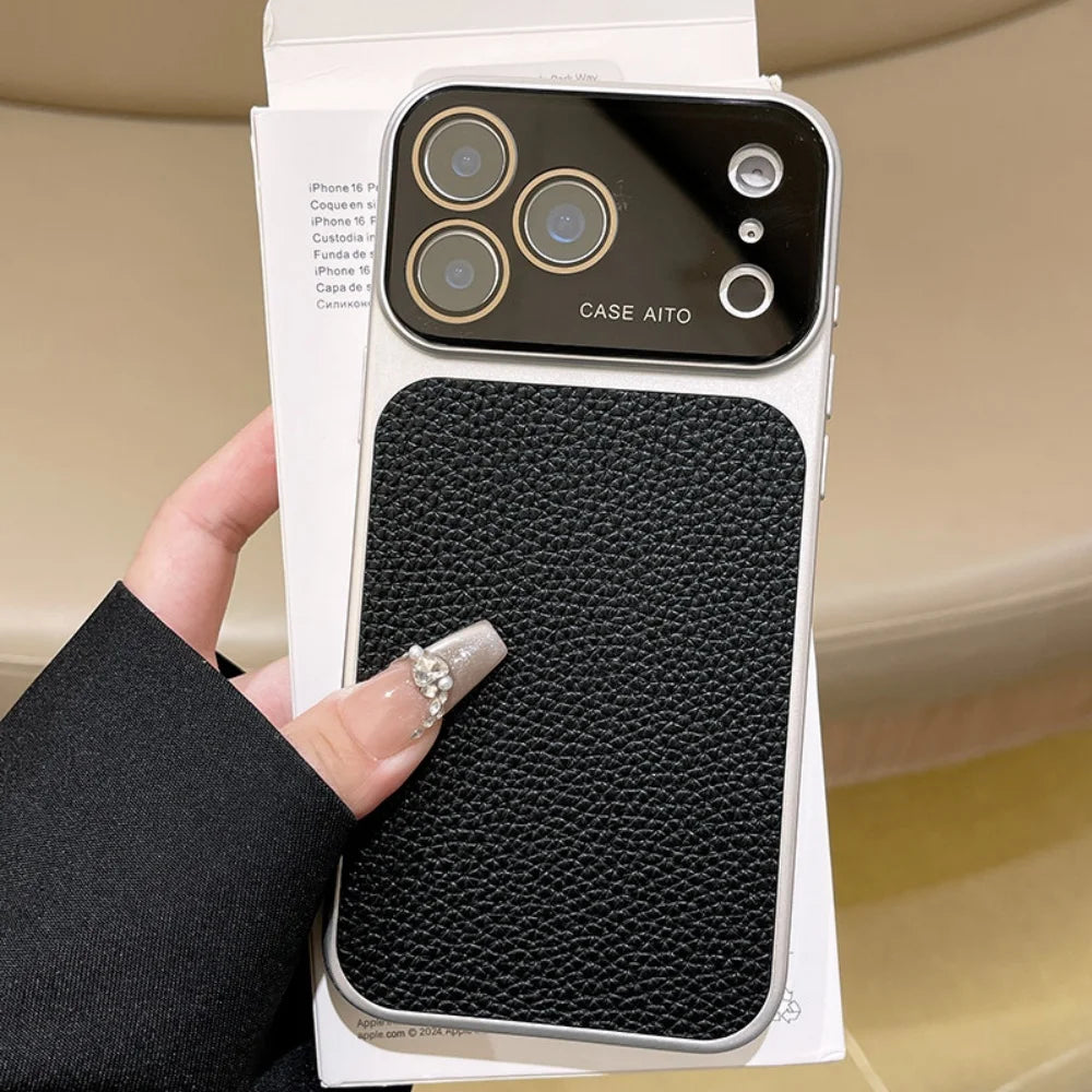 Luxury Lychee Leather Crystal Large Window Phone Case For iPhone 17 16 15 14 13 Pro Max Plating Candy Shockproof Bumper Cover