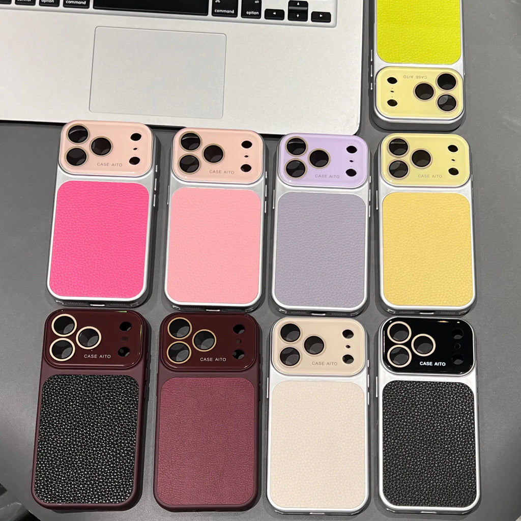 Luxury Lychee Leather Crystal Large Window Phone Case For iPhone 17 16 15 14 13 Pro Max Plating Candy Shockproof Bumper Cover
