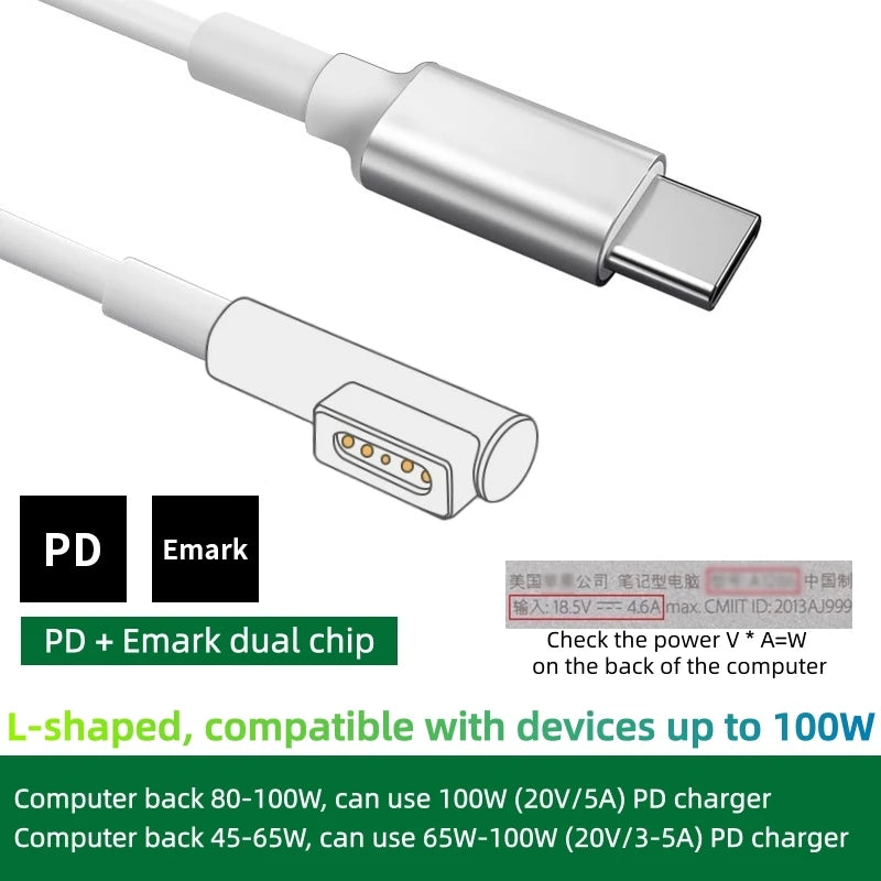 100W Fast Charging USB-C to Magnetic Cable with E-Mark Chip, for MacBook Air/Pro, Compatible with Mag1L&Mag2T Power Adapter Cord