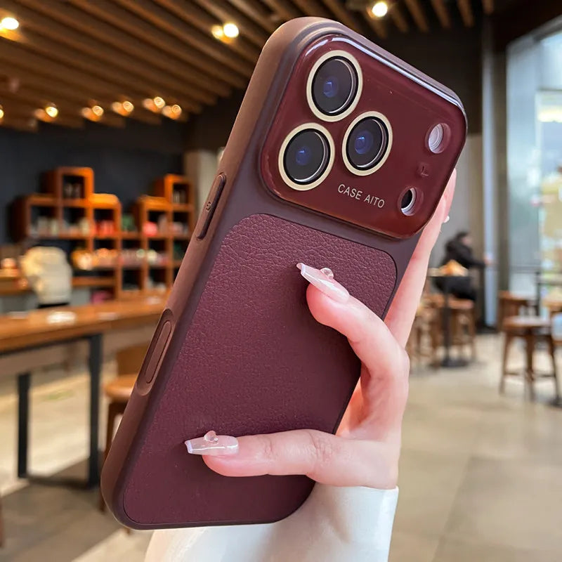 Candy Color Large Window Lichee Pattern Leather Case for iPhone 16 17 Pro Max 14 15 Plus 13 Crystal Camera Film Protector Cover
