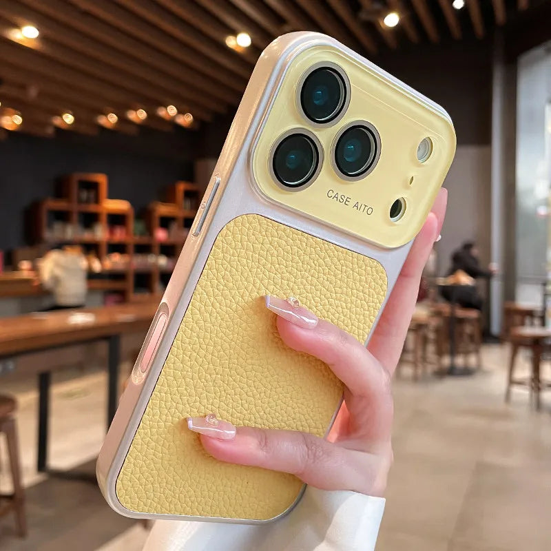 Candy Color Large Window Lichee Pattern Leather Case for iPhone 16 17 Pro Max 14 15 Plus 13 Crystal Camera Film Protector Cover
