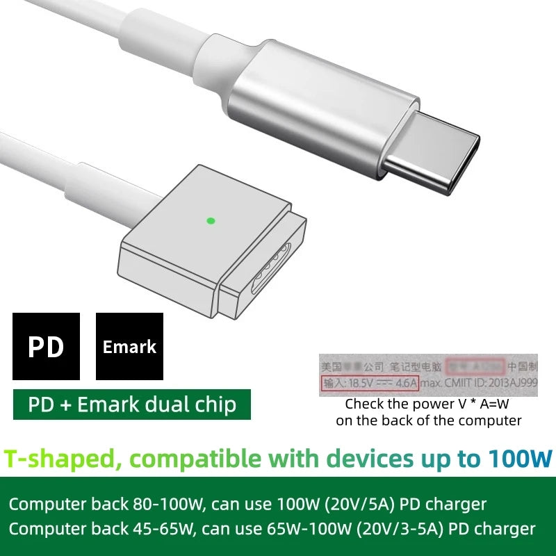 100W Fast Charging USB-C to Magnetic Cable with E-Mark Chip, for MacBook Air/Pro, Compatible with Mag1L&Mag2T Power Adapter Cord