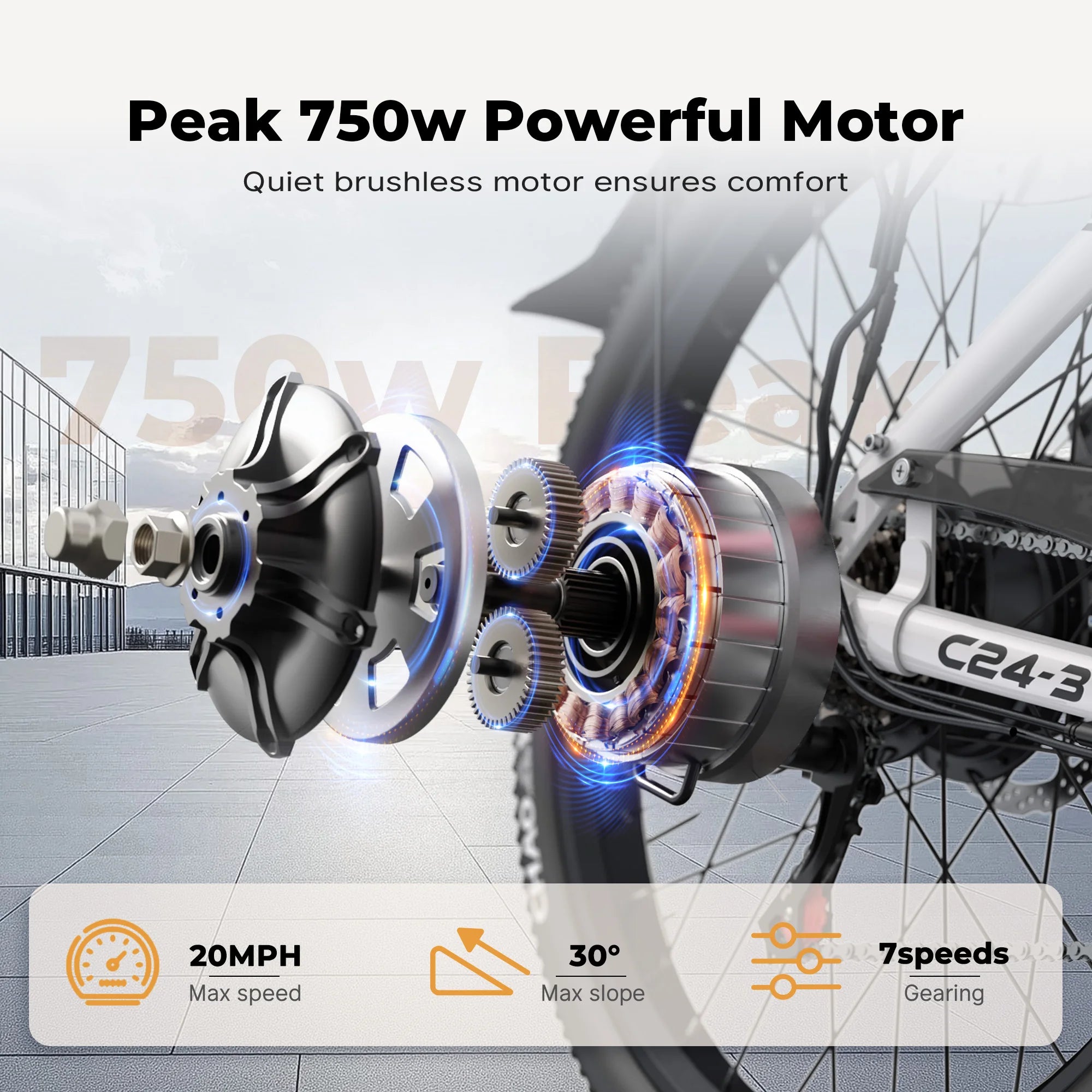 Varun C24-3 Adult City Electric Bike, 24" Tire, 48V 7.8Ah, 750W Peak Power, 20MPH Electric Road Bicycle