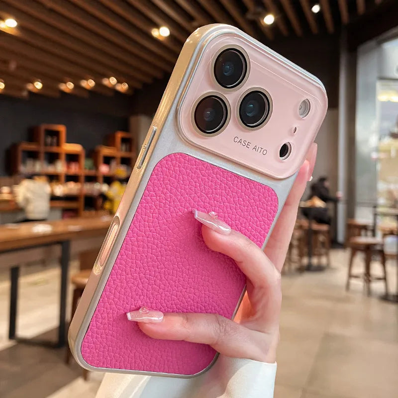 Candy Color Large Window Lichee Pattern Leather Case for iPhone 16 17 Pro Max 14 15 Plus 13 Crystal Camera Film Protector Cover