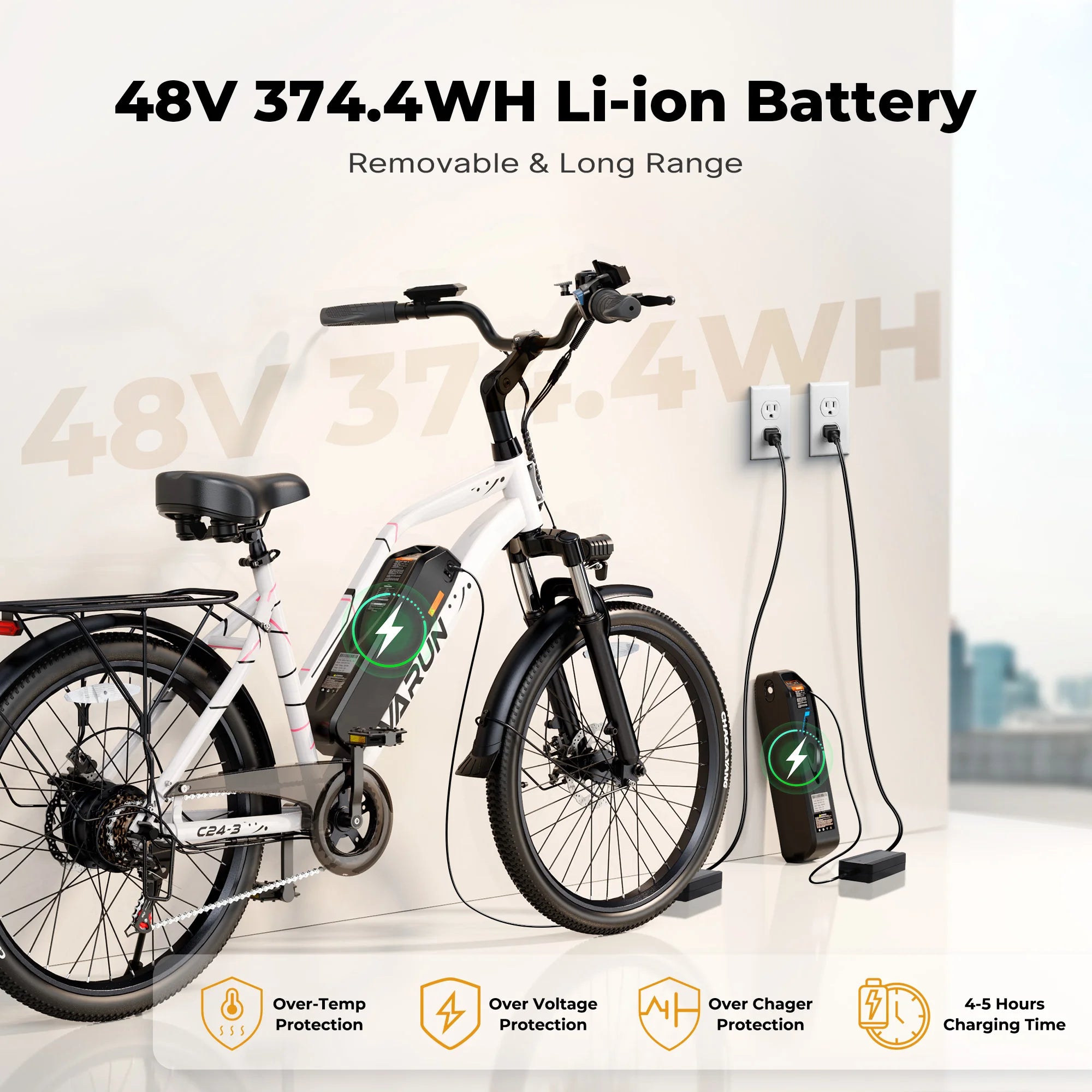Varun C24-3 Adult City Electric Bike, 24" Tire, 48V 7.8Ah, 750W Peak Power, 20MPH Electric Road Bicycle
