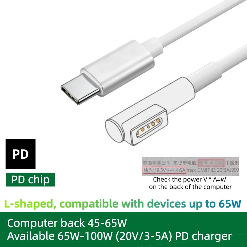 100W Fast Charging USB-C to Magnetic Cable with E-Mark Chip, for MacBook Air/Pro, Compatible with Mag1L&Mag2T Power Adapter Cord