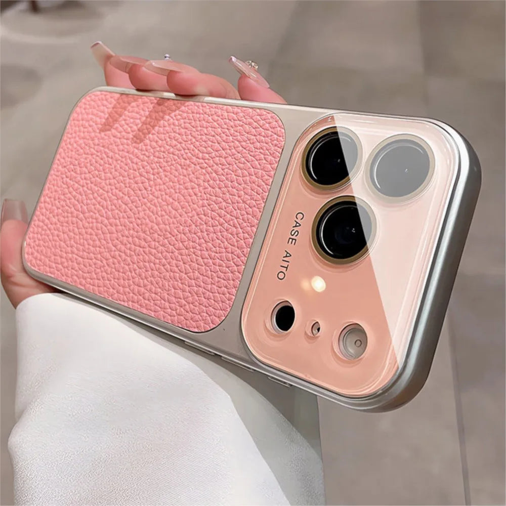 Candy Color Large Window Lichee Pattern Leather Case for iPhone 16 17 Pro Max 14 15 Plus 13 Crystal Camera Film Protector Cover