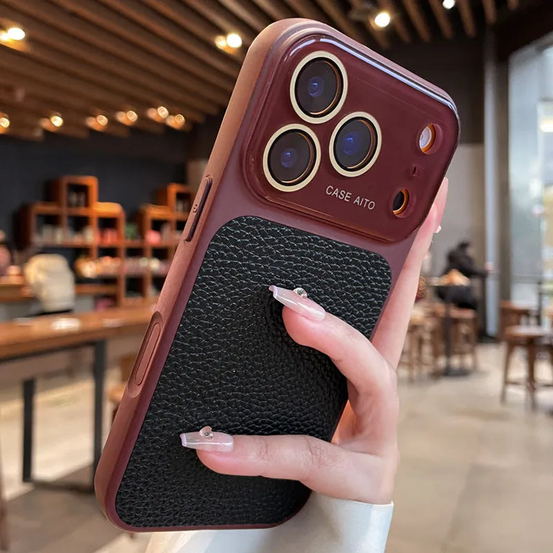 Candy Color Large Window Lichee Pattern Leather Case for iPhone 16 17 Pro Max 14 15 Plus 13 Crystal Camera Film Protector Cover