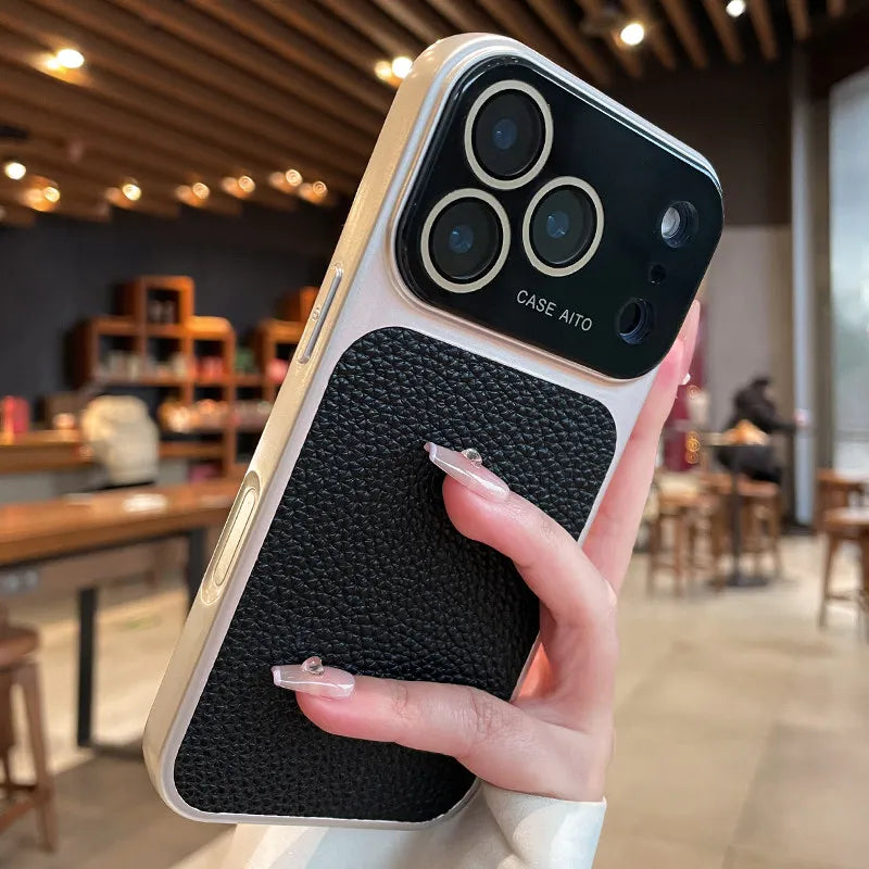 Candy Color Large Window Lichee Pattern Leather Case for iPhone 16 17 Pro Max 14 15 Plus 13 Crystal Camera Film Protector Cover