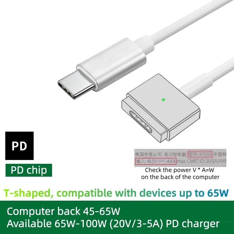 100W Fast Charging USB-C to Magnetic Cable with E-Mark Chip, for MacBook Air/Pro, Compatible with Mag1L&Mag2T Power Adapter Cord