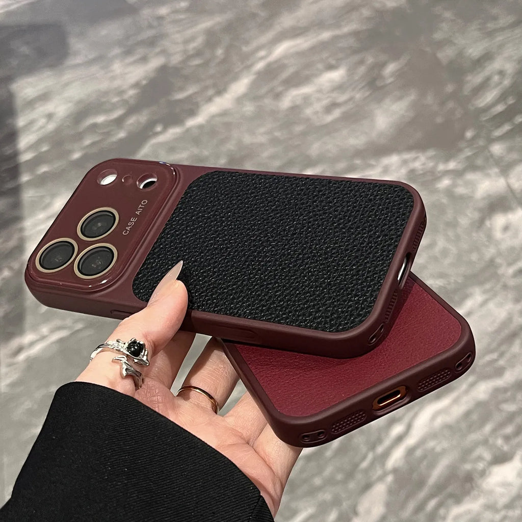 Luxury Lychee Leather Crystal Large Window Phone Case For iPhone 17 16 15 14 13 Pro Max Plating Candy Shockproof Bumper Cover