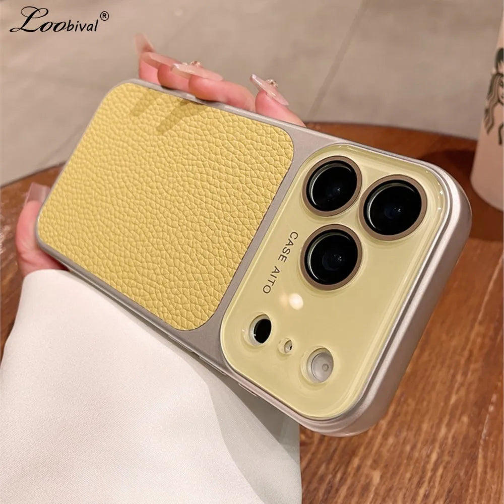Candy Color Large Window Lichee Pattern Leather Case for iPhone 16 17 Pro Max 14 15 Plus 13 Crystal Camera Film Protector Cover