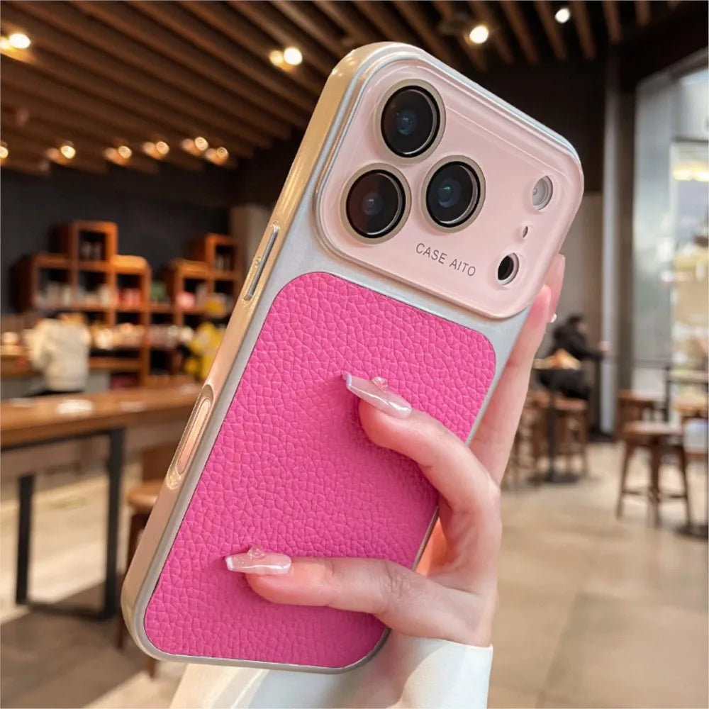 Candy Color Large Window Lichee Pattern Leather Case for iPhone 16 17 Pro Max 14 15 Plus 13 Crystal Camera Film Protector Cover