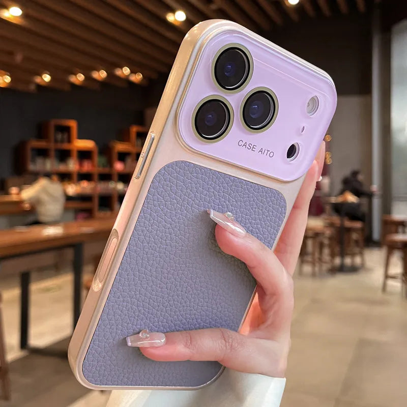 Candy Color Large Window Lichee Pattern Leather Case for iPhone 16 17 Pro Max 14 15 Plus 13 Crystal Camera Film Protector Cover