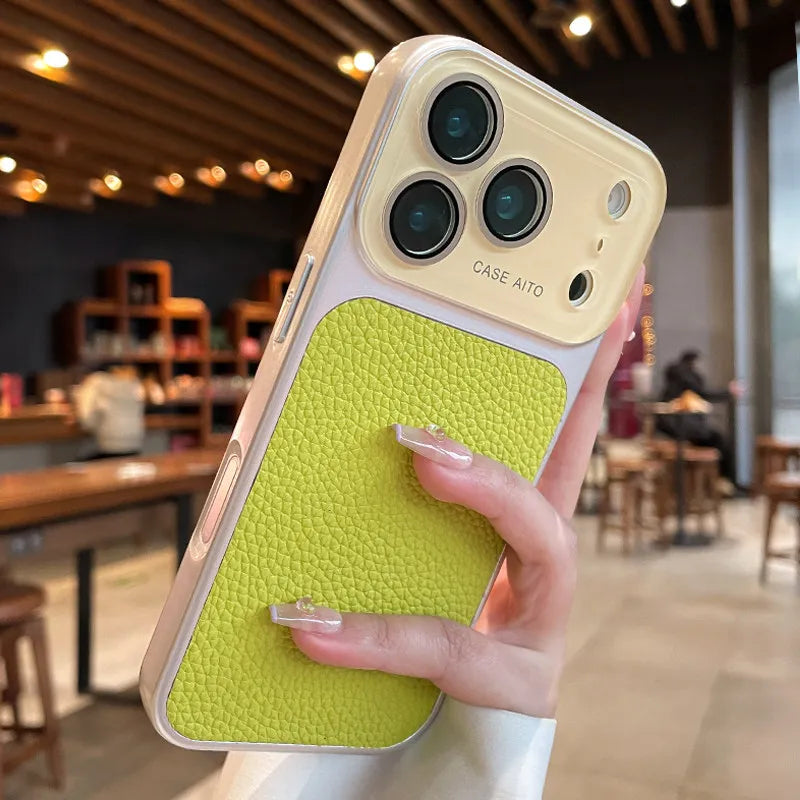 Candy Color Large Window Lichee Pattern Leather Case for iPhone 16 17 Pro Max 14 15 Plus 13 Crystal Camera Film Protector Cover