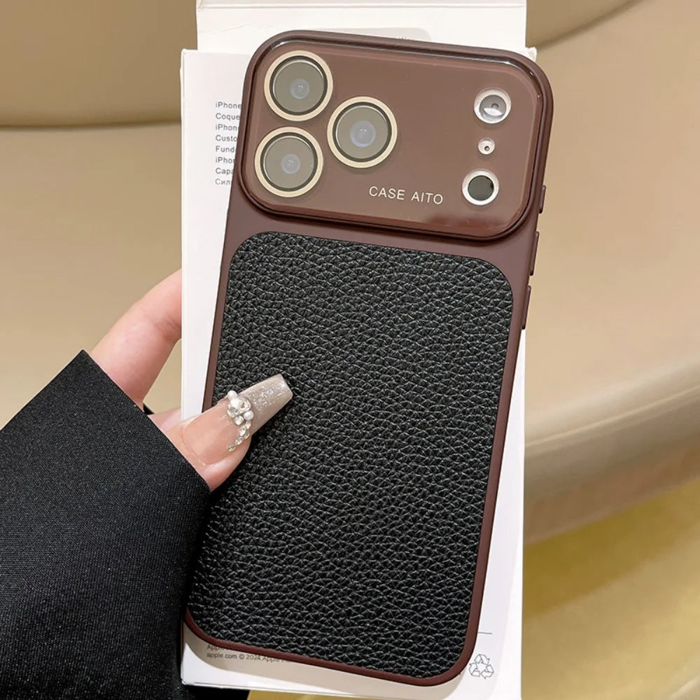 Luxury Lychee Leather Crystal Large Window Phone Case For iPhone 17 16 15 14 13 Pro Max Plating Candy Shockproof Bumper Cover