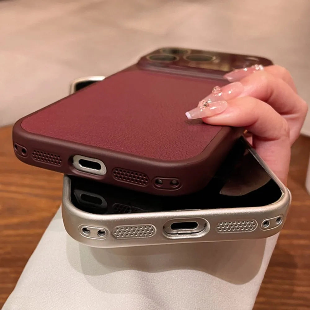 Candy Color Large Window Lichee Pattern Leather Case for iPhone 16 17 Pro Max 14 15 Plus 13 Crystal Camera Film Protector Cover