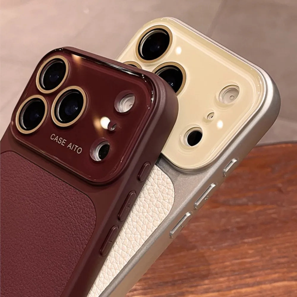Candy Color Large Window Lichee Pattern Leather Case for iPhone 16 17 Pro Max 14 15 Plus 13 Crystal Camera Film Protector Cover