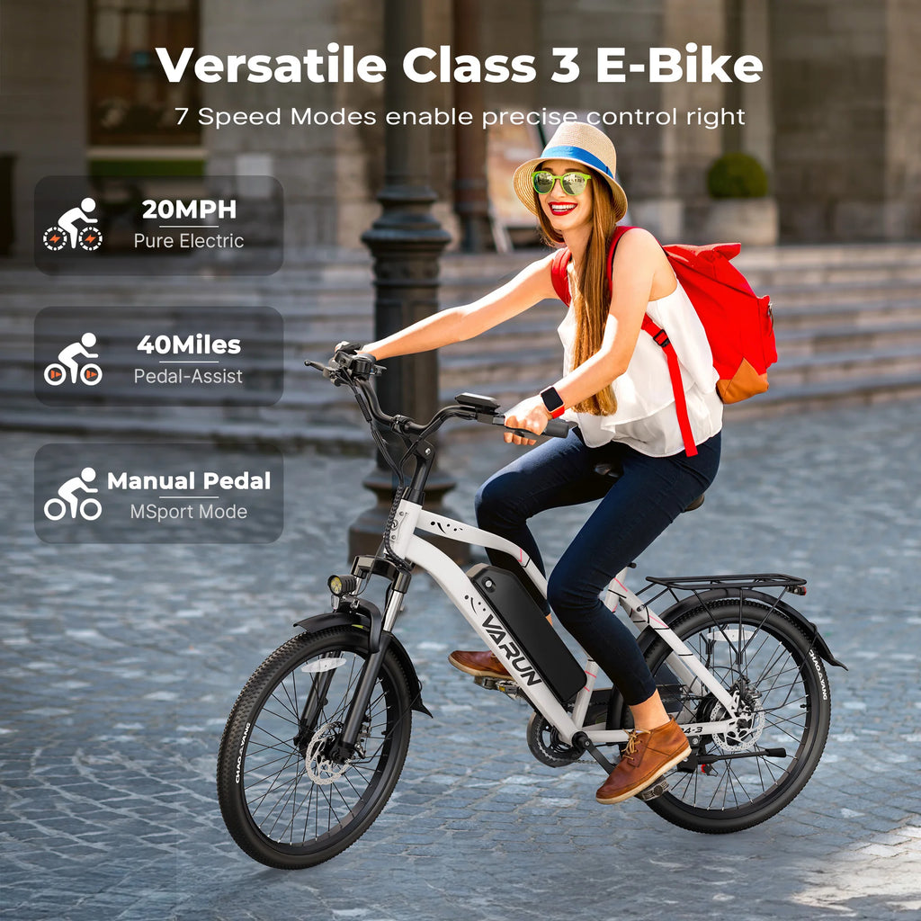 Varun C24-3 Adult City Electric Bike, 24" Tire, 48V 7.8Ah, 750W Peak Power, 20MPH Electric Road Bicycle