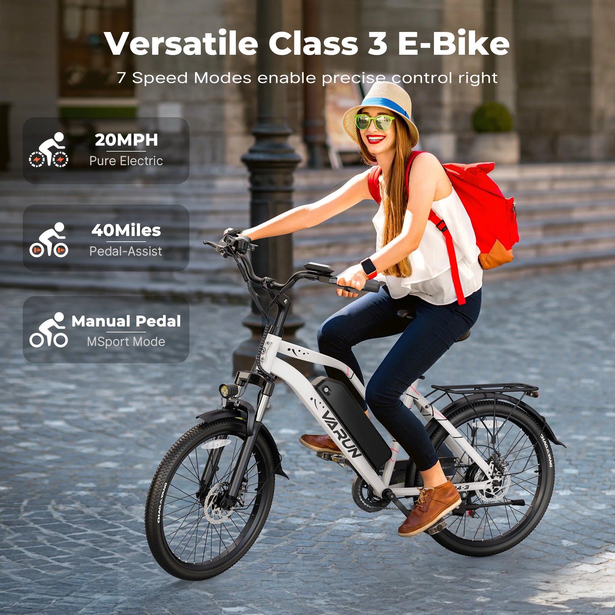 Varun C24-3 Adult City Electric Bike, 24" Tire, 48V 7.8Ah, 750W Peak Power, 20MPH Electric Road Bicycle
