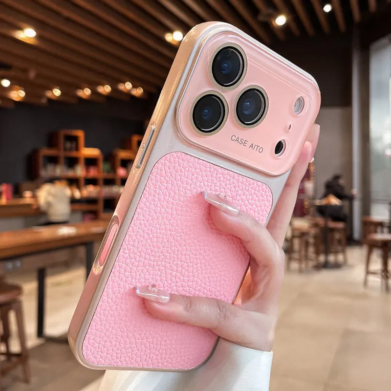 Candy Color Large Window Lichee Pattern Leather Case for iPhone 16 17 Pro Max 14 15 Plus 13 Crystal Camera Film Protector Cover